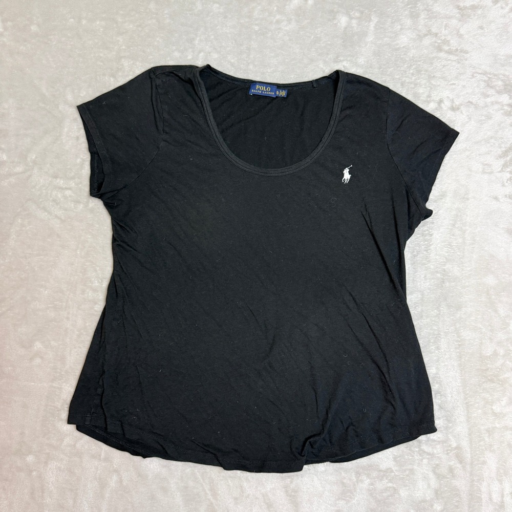 Polo Ralph Lauren Scoop Neck T-Shirt Women XL Black Cotton Lyocell Pony Logo EUC